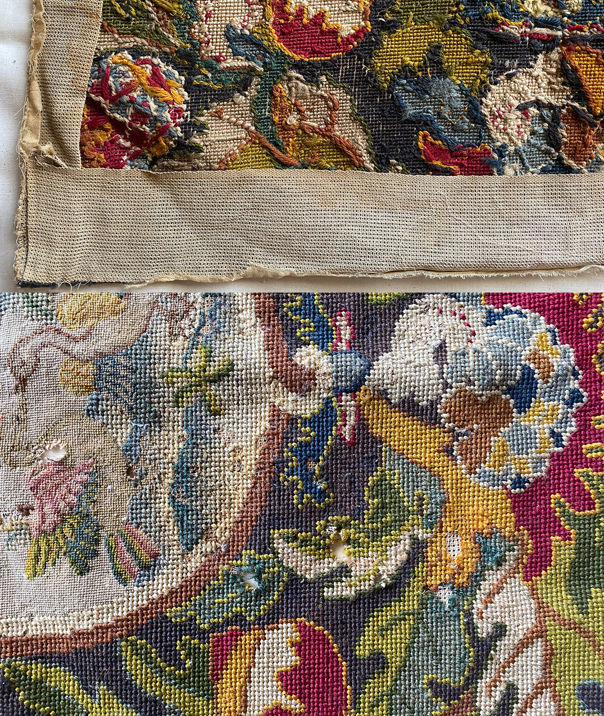 Large Antique French Needlepoint Petitpoint Embroidery Fragment, Tapestry for Pillow 28" x 26"