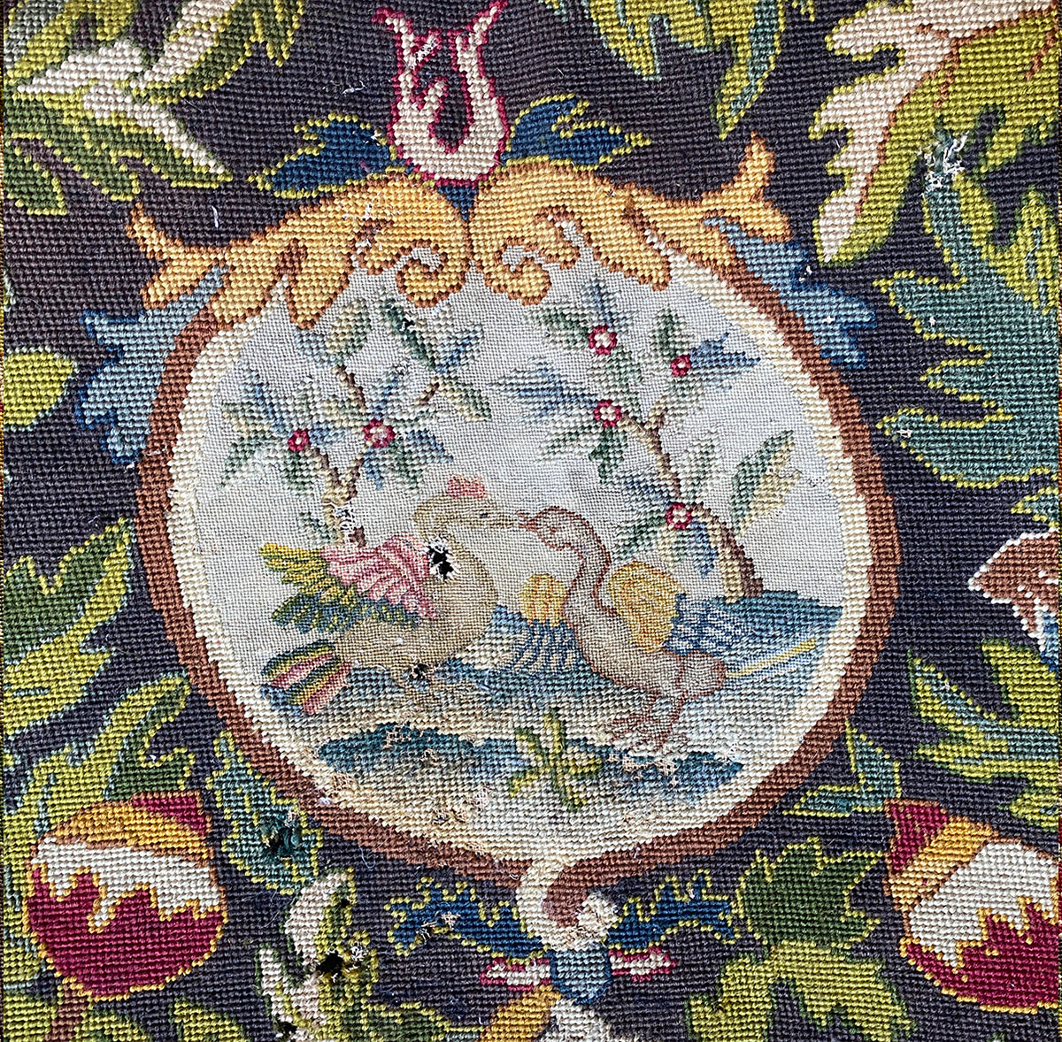 Large Antique French Needlepoint Petitpoint Embroidery Fragment, Tapestry for Pillow 28" x 26"