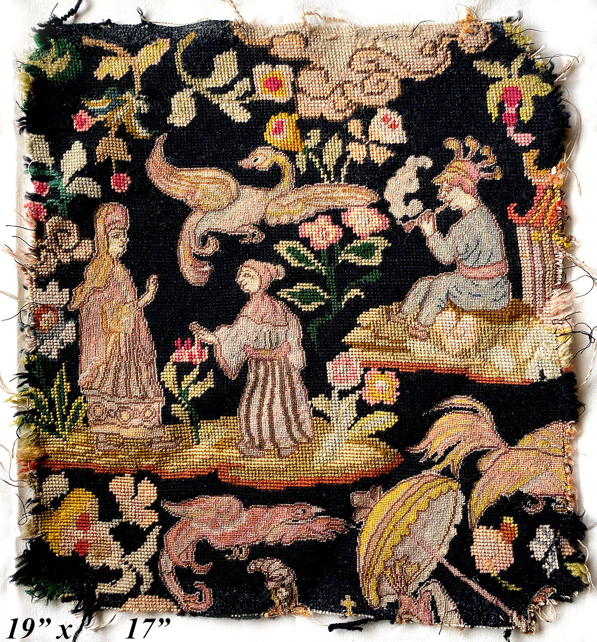 Superb Antique French Tapestry, Figural 19" x 17" Salvage, Needlepoint, Petitpoint. Dragons