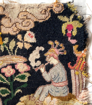 Superb Antique French Tapestry, Figural 19" x 17" Salvage, Needlepoint, Petitpoint. Dragons