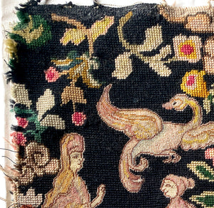 Superb Antique French Tapestry, Figural 19" x 17" Salvage, Needlepoint, Petitpoint. Dragons