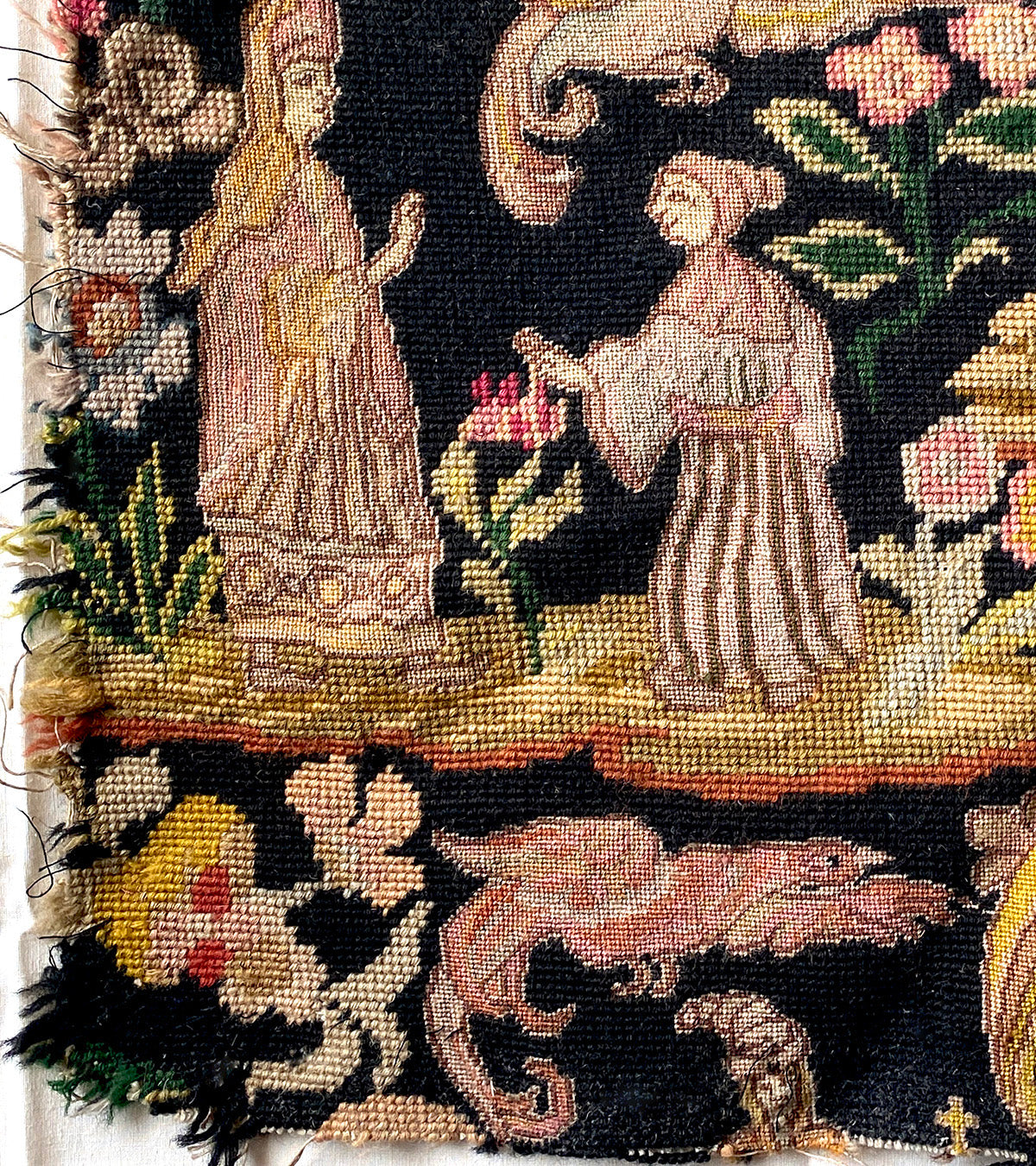 Superb Antique French Tapestry, Figural 19" x 17" Salvage, Needlepoint, Petitpoint. Dragons