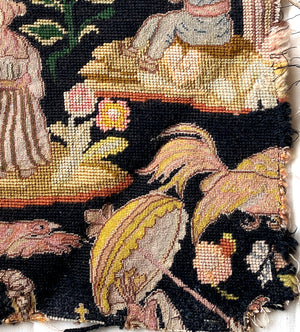 Superb Antique French Tapestry, Figural 19" x 17" Salvage, Needlepoint, Petitpoint. Dragons