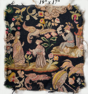 Superb Antique French Tapestry, Figural 19" x 17" Salvage, Needlepoint, Petitpoint. Dragons