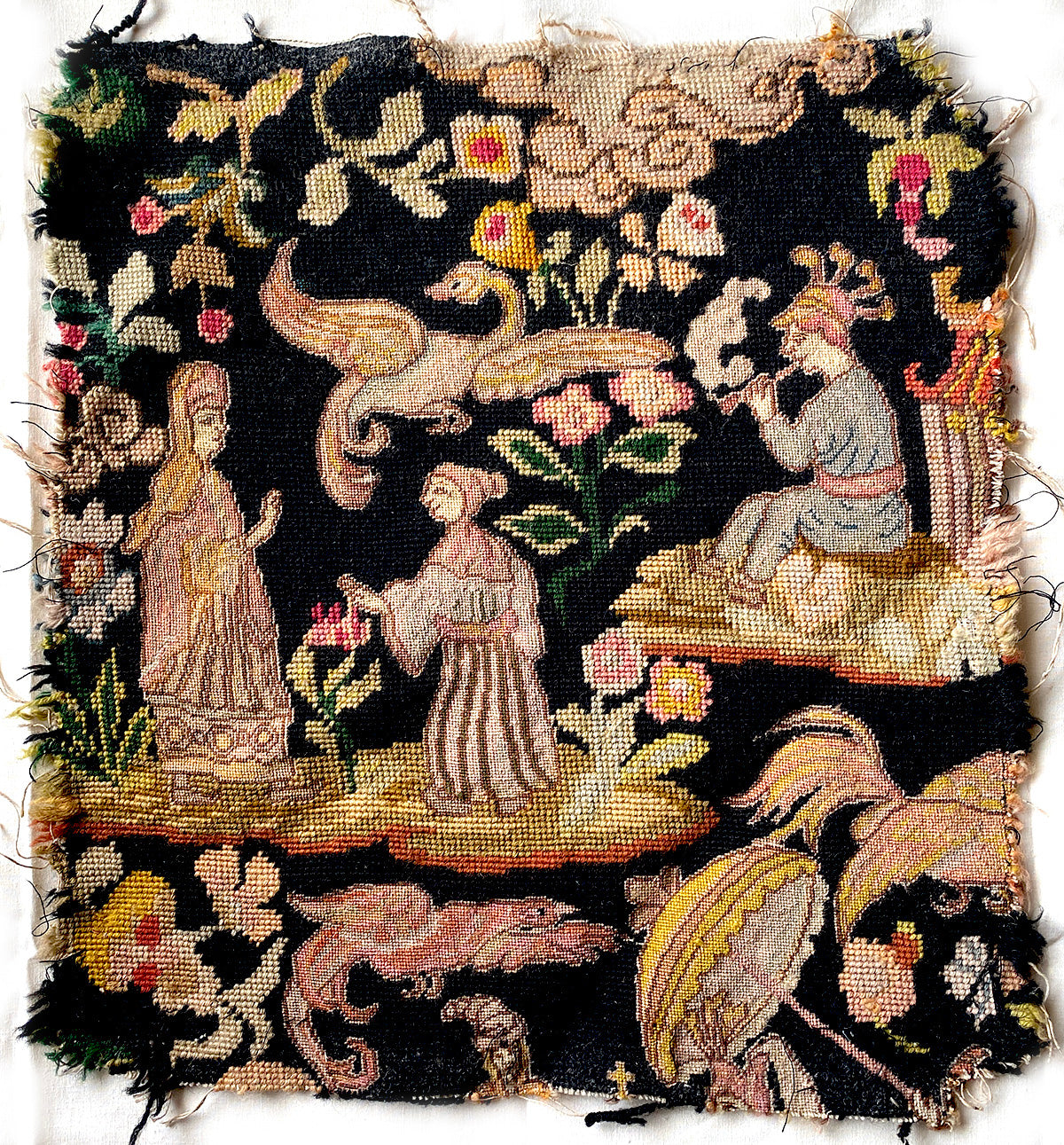 Superb Antique French Tapestry, Figural 19" x 17" Salvage, Needlepoint, Petitpoint. Dragons