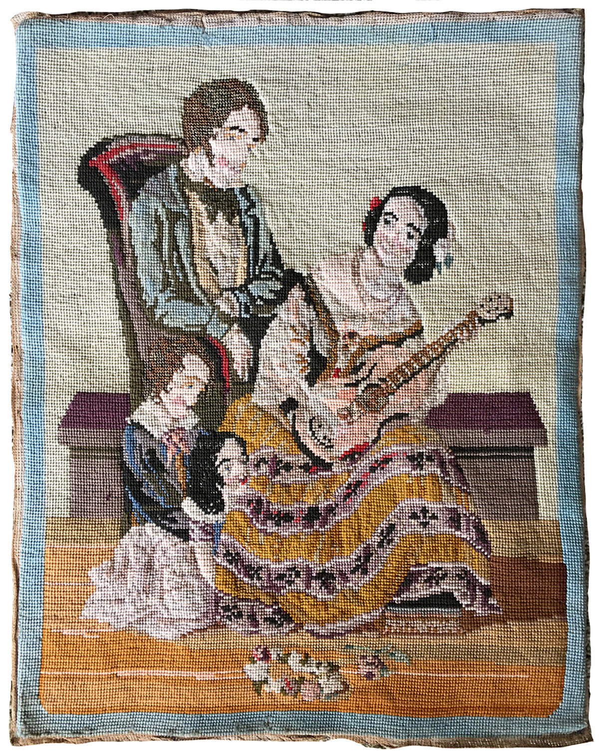Antique French 23" x 18.5" Needlepoint Sampler, Family and Guitar c. 1830-70s for Pillow or Frame