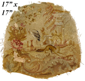 Antique Silk and Wool Needlepoint and Petitpoint Fragment for Pillow Top, 17" Square, Fox and Crane