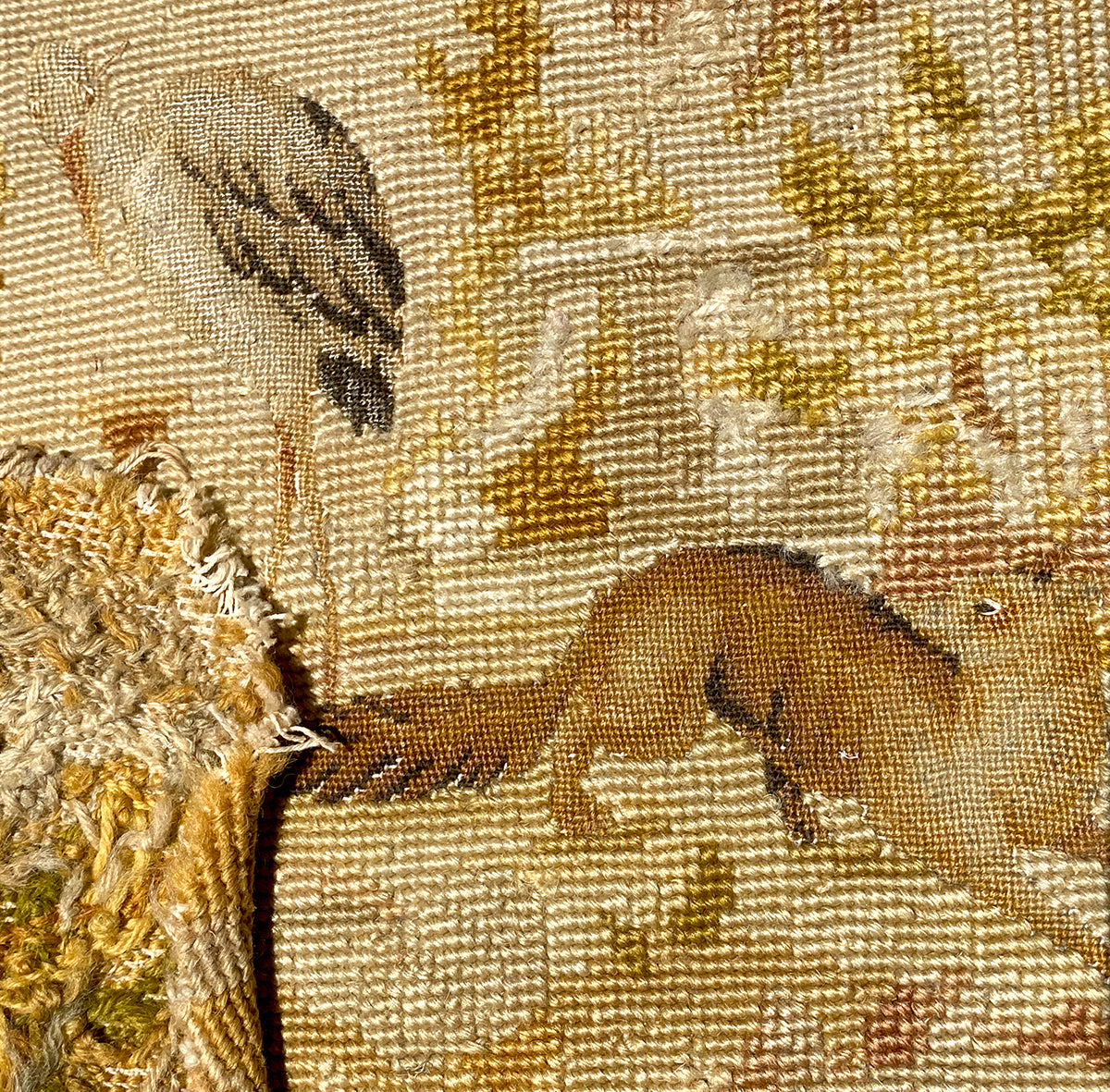 Antique Silk and Wool Needlepoint and Petitpoint Fragment for Pillow Top, 17" Square, Fox and Crane
