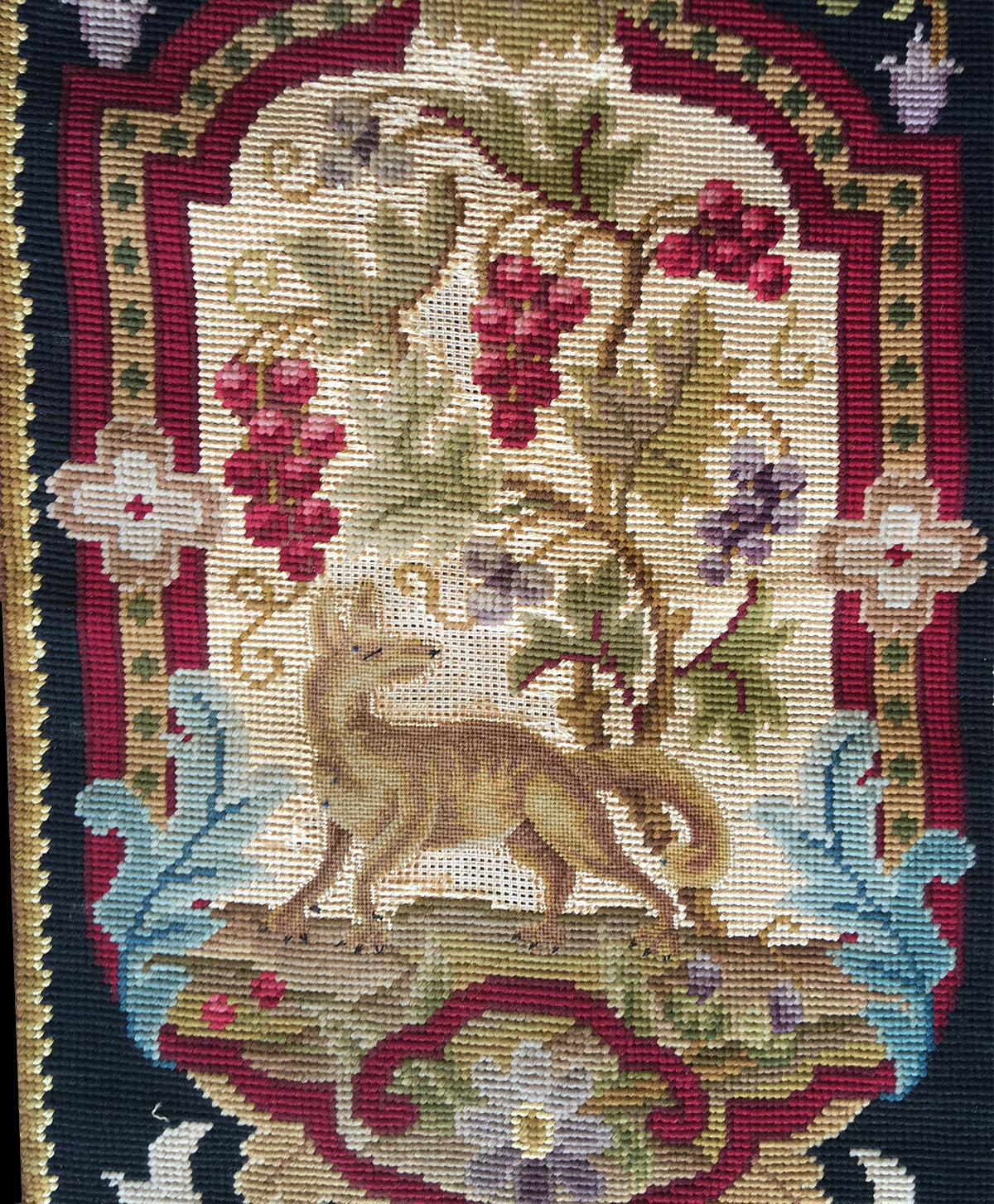 Fine Antique French 8.3 ft Unused Needlepoint Tapestry Panel, Stag Fox Florals, Perfect for Pillows