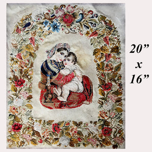 Antique French Embroidery Panel, Madonna and Child, Frame of Flowers, Frame or Pillow