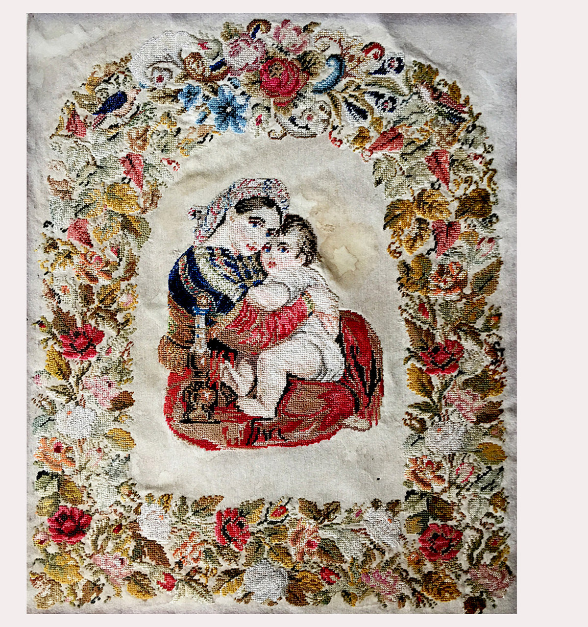 Antique French Embroidery Panel, Madonna and Child, Frame of Flowers, Frame or Pillow
