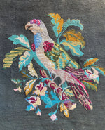 Antique Needlepoint 25" x 20" Tapestry or Child's Sampler with Colorful Parrot in Foliage, Signed