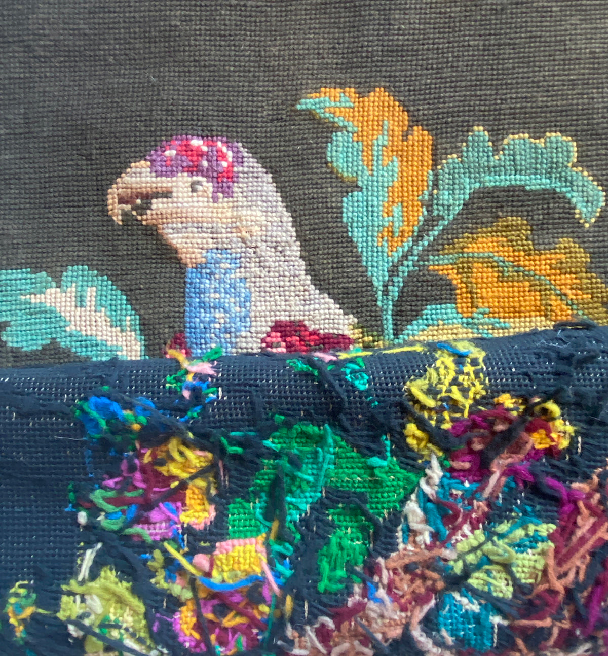 Antique Needlepoint 25" x 20" Tapestry or Child's Sampler with Colorful Parrot in Foliage, Signed