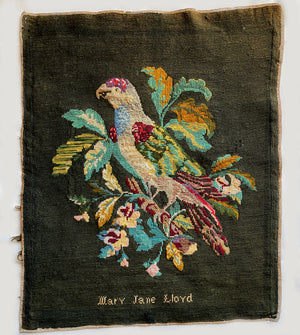 Antique Needlepoint 25" x 20" Tapestry or Child's Sampler with Colorful Parrot in Foliage, Signed