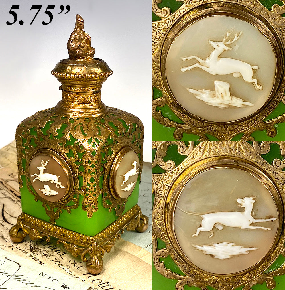 Fine Antique French Grand Tour Opaline 5.75" Tall Perfume or Scent Bottle, Art Glass Stag, Dog