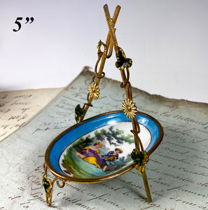 Charming 5" Tall Antique French Old Paris Porcelain & Ormolu Pocket Watch Stand, Tray