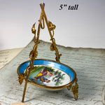 Charming 5" Tall Antique French Old Paris Porcelain & Ormolu Pocket Watch Stand, Tray