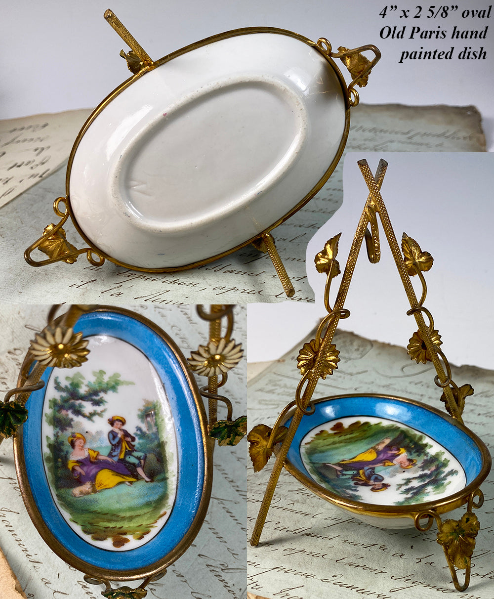 Charming 5" Tall Antique French Old Paris Porcelain & Ormolu Pocket Watch Stand, Tray