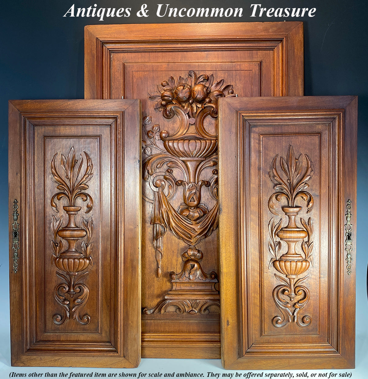 Pair Antique HC French Neoclassical Walnut Hutch or Cabinet Doors, Cabinetry Panels