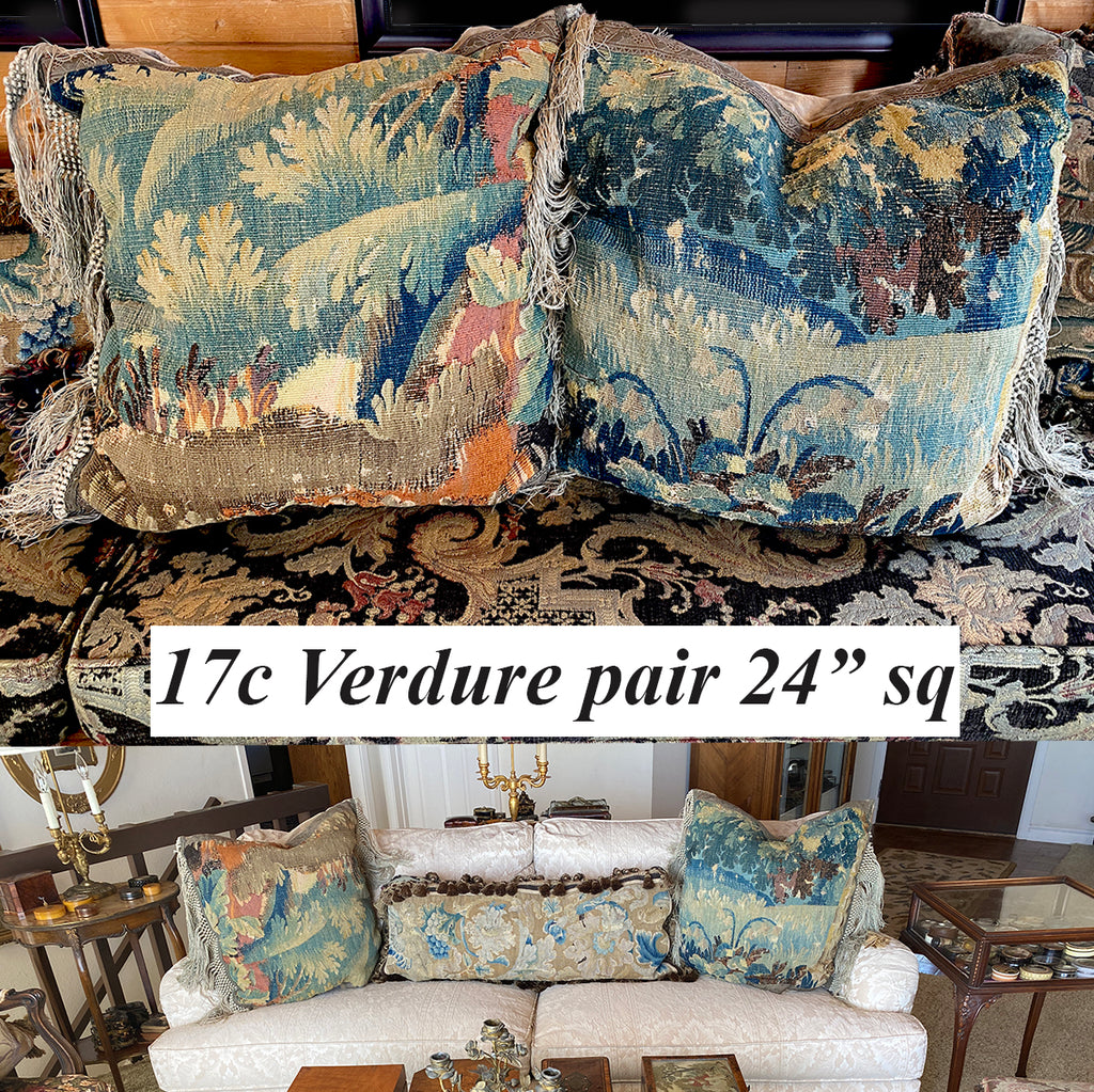 HUGE PAIR: Antique 17th Century Verdure Tapestry 24" Pillows, 8" Long Fringe, Down Fill (2)