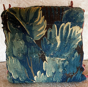 Pair #3 French 17th Century Verdure Tapestry Fragment 15" sq. Decorator Throw Pillows, Silk Back