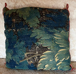 Pair #3 French 17th Century Verdure Tapestry Fragment 15" sq. Decorator Throw Pillows, Silk Back