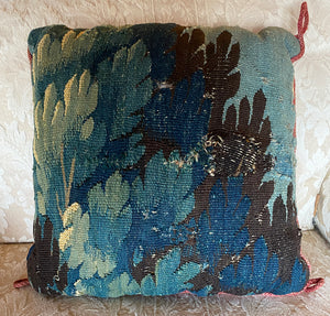 Pair #4 French 17th Century Verdure Tapestry Fragment 15" sq. Decorator Throw Pillows, Silk Back