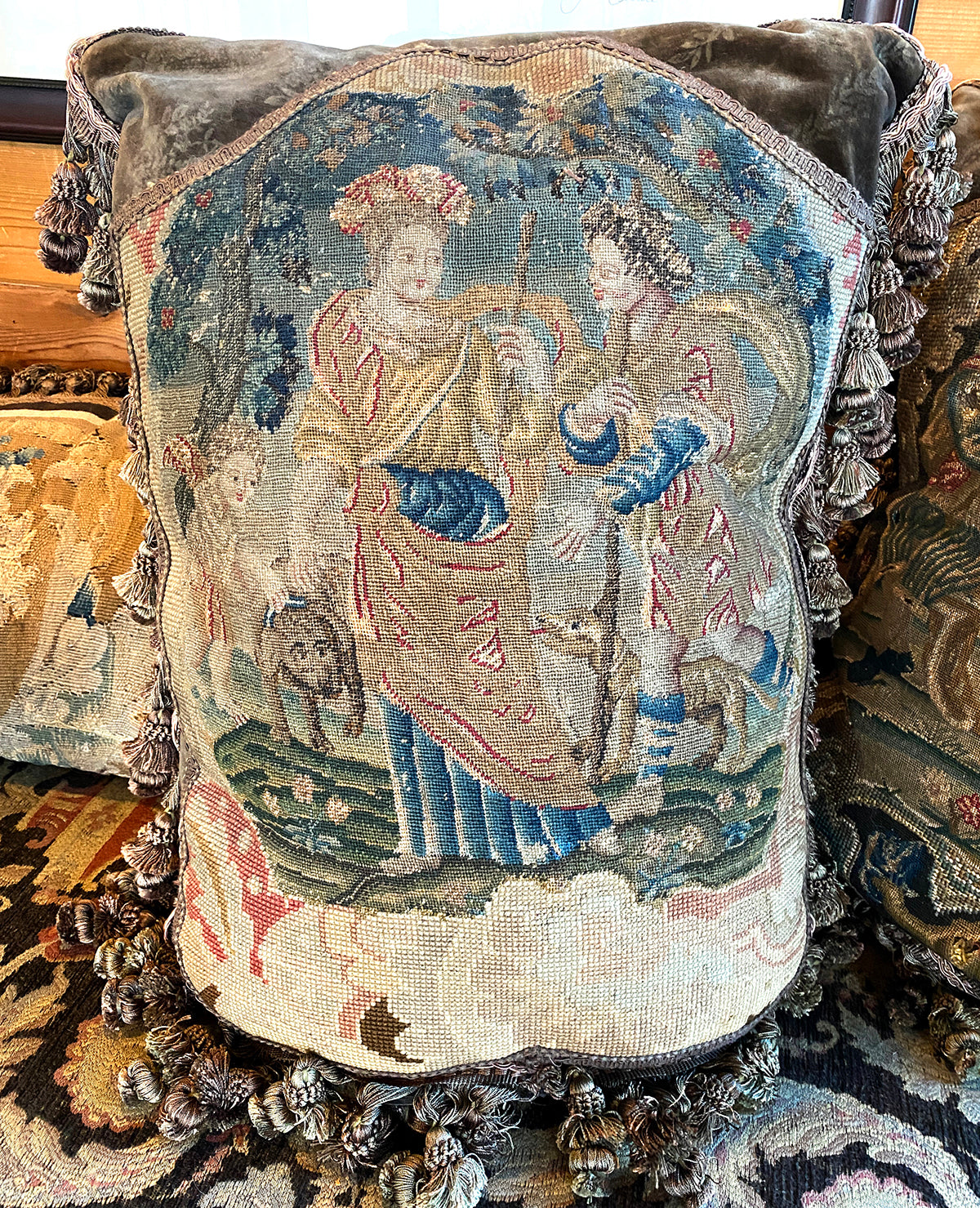 PAIR (2) Fine 18th Century French Point de Sait-Cyr Tapestry Made as Lush Pillows, 4" Trim