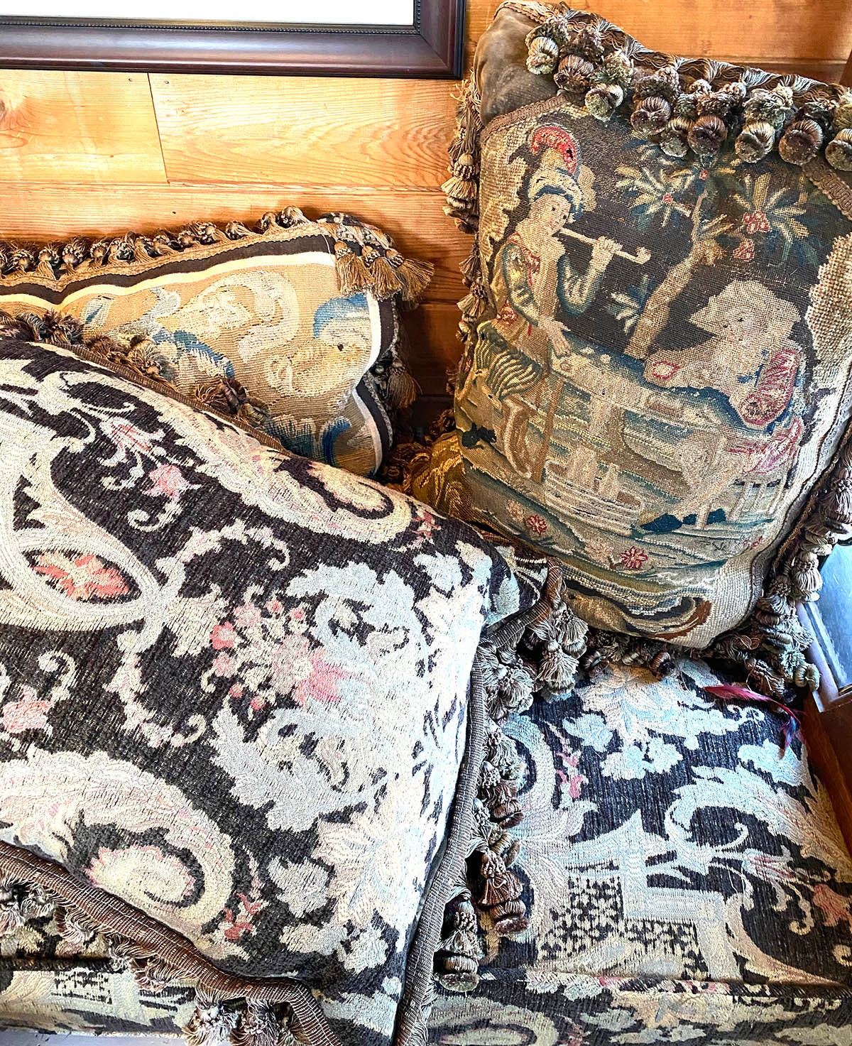 PAIR (2) Fine 18th Century French Point de Sait-Cyr Tapestry Made as Lush Pillows, 4" Trim