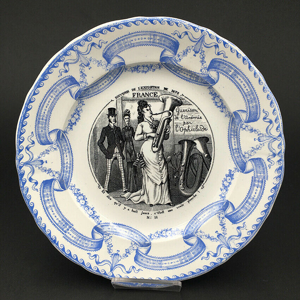 Charming Set of 8 Antique French 1878 Expo Universelle Souvenir Plates, Lithograph Blue & White