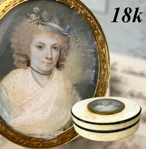 Rare Antique French 18th Century Portrait Miniature, 18k and Ivory Snuff or Patch Box