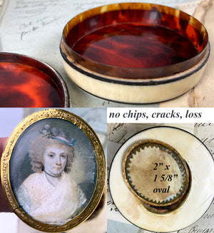 Rare Antique French 18th Century Portrait Miniature, 18k and Ivory Snuff or Patch Box