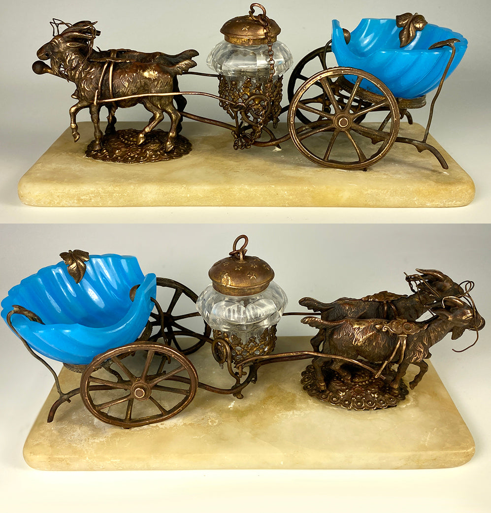 Antique French Early 1800s Palais Royal Goat Cart, Carriage, Opaline and Ormolu Inkwell