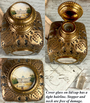 Fine Antique French 4" Tall Eglomise Souvenir Architectural Views Perfume or Scent Bottle
