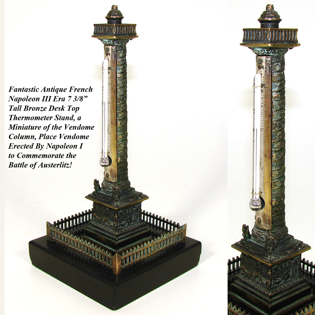 Antique Napoleon III Bronze & Black Marble 7.5" Desk Top Thermometer, the Vendome Column