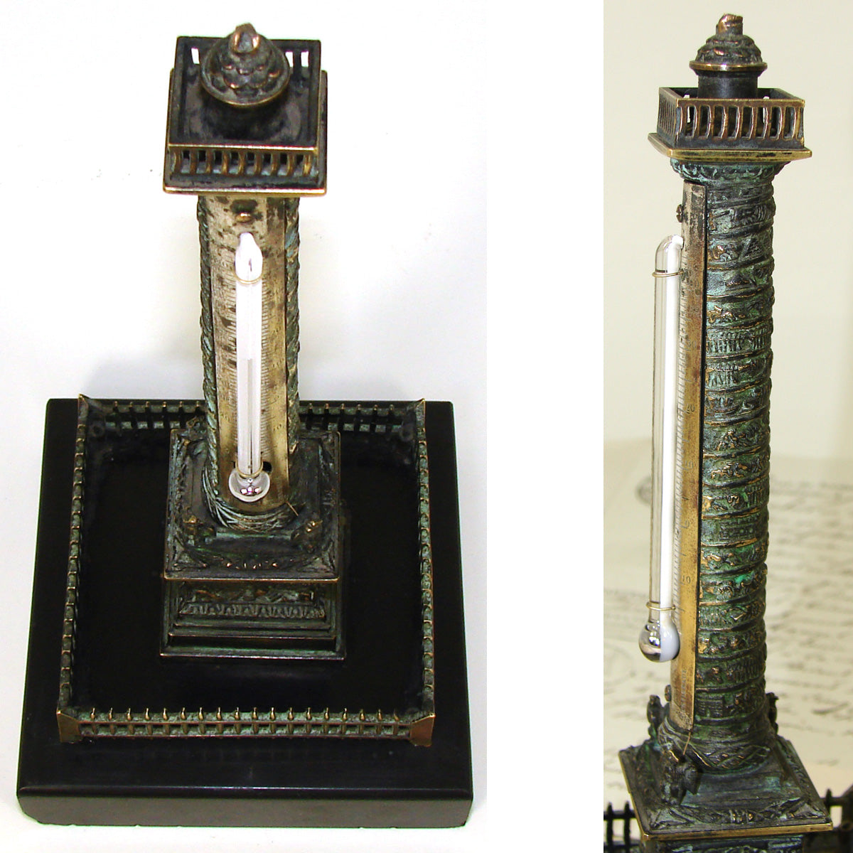 Antique Napoleon III Bronze & Black Marble 7.5" Desk Top Thermometer, the Vendome Column