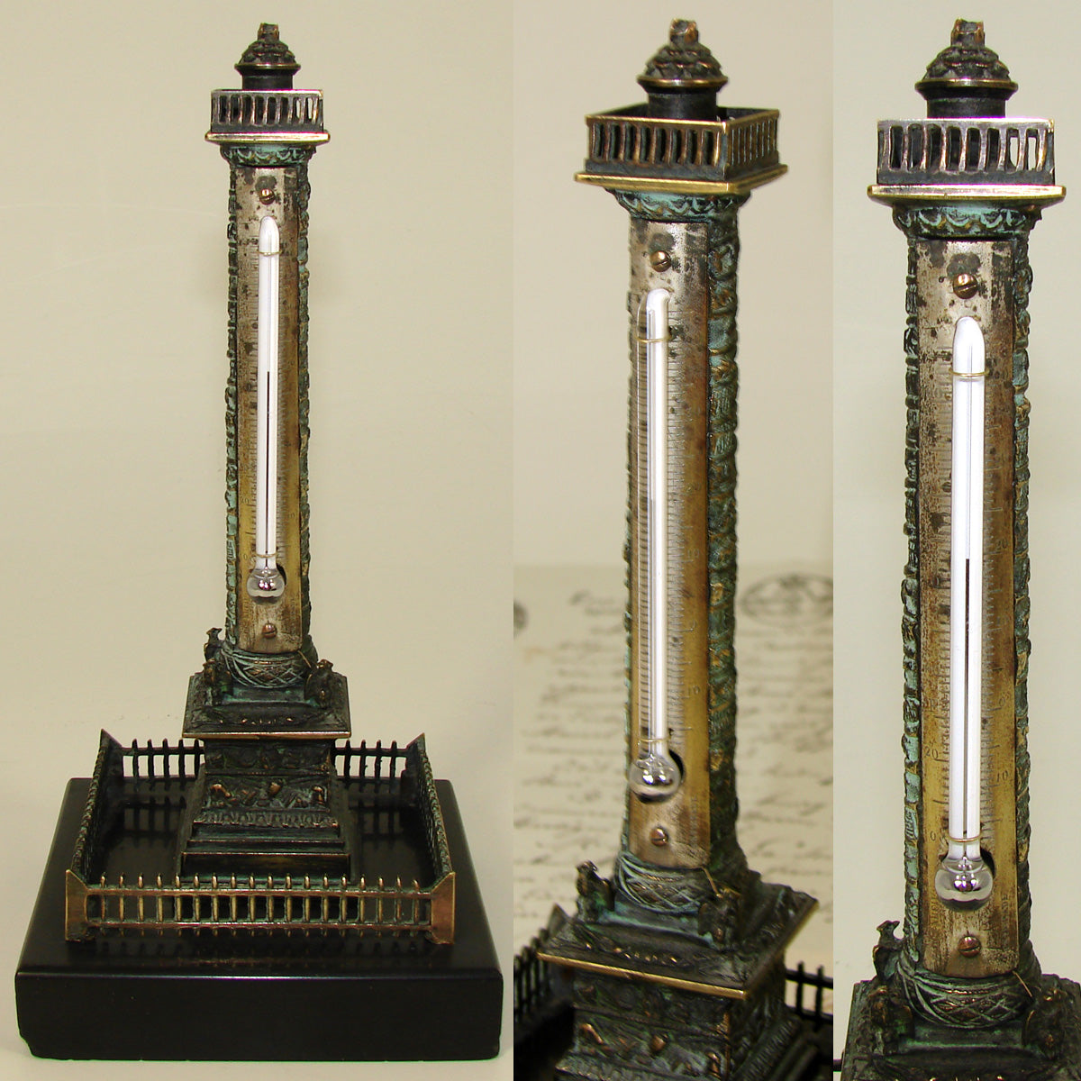 Antique Napoleon III Bronze & Black Marble 7.5" Desk Top Thermometer, the Vendome Column