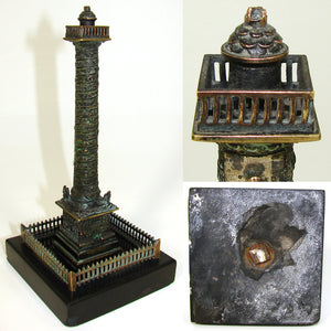 Antique Napoleon III Bronze & Black Marble 7.5" Desk Top Thermometer, the Vendome Column