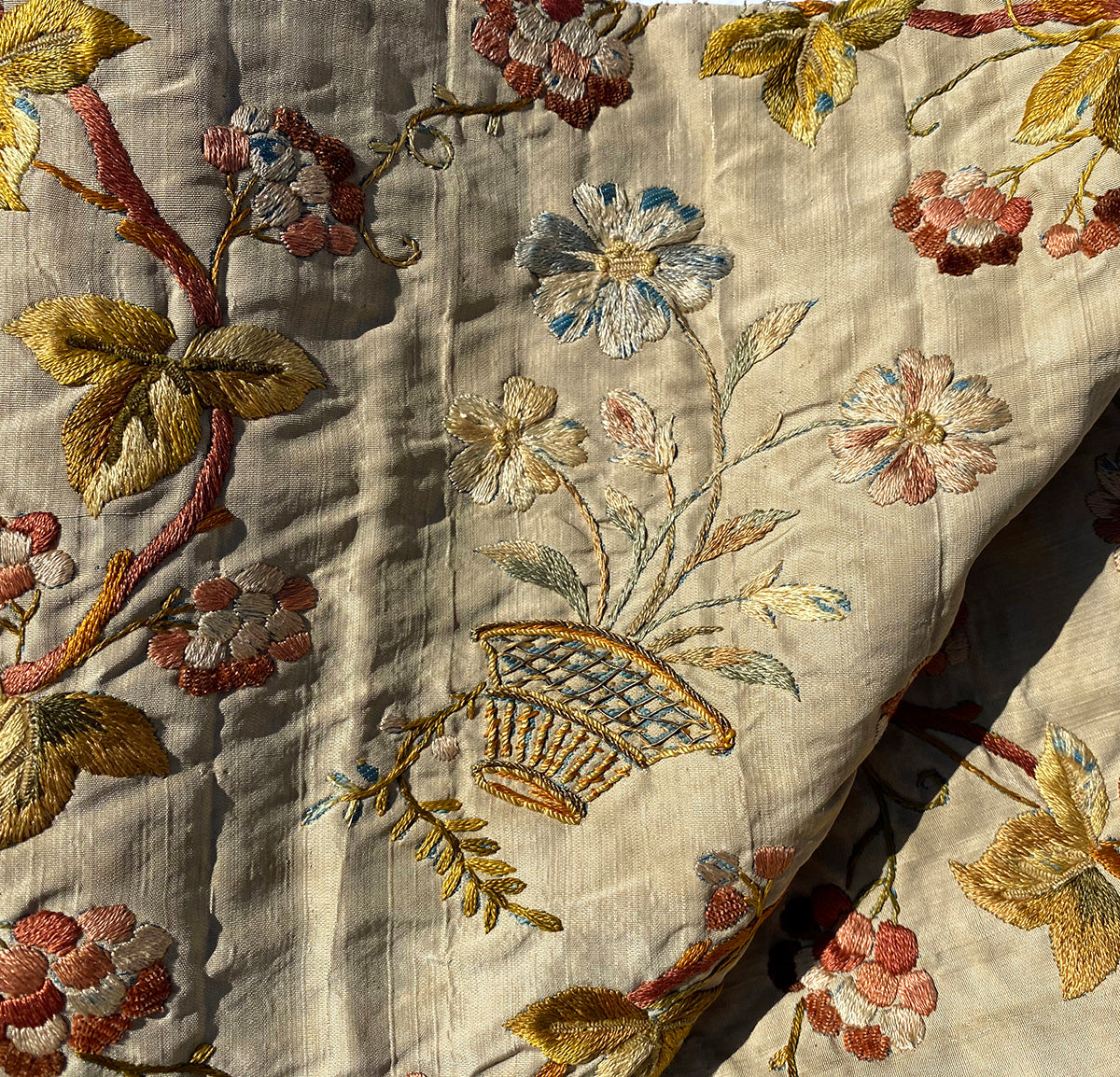 Antique French Silk Embroidery on Silk, Louis XVI Baskets and Flowers 10 ft Long, 10" Wide