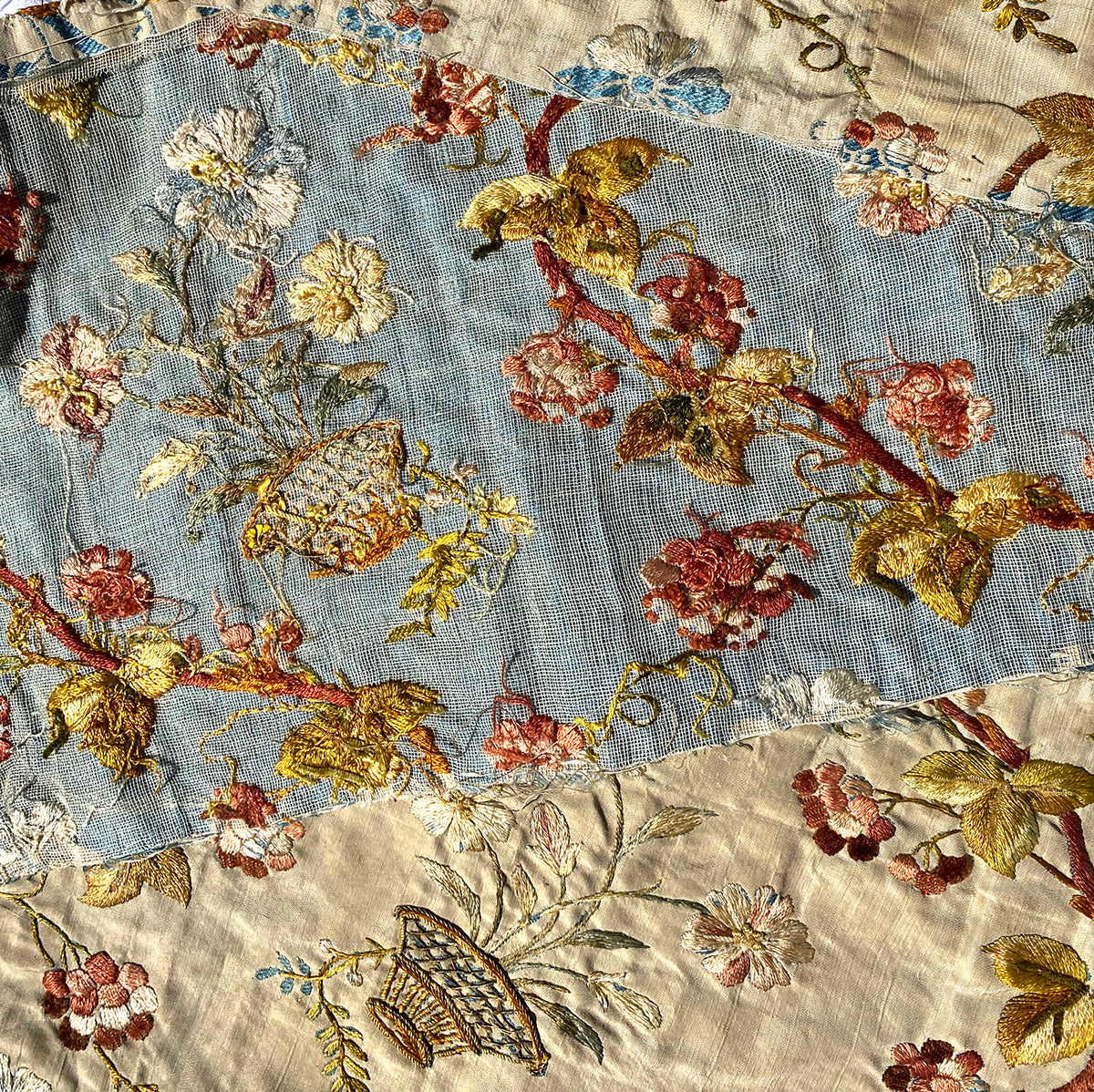 Antique French Silk Embroidery on Silk, Louis XVI Baskets and Flowers 10 ft Long, 10" Wide