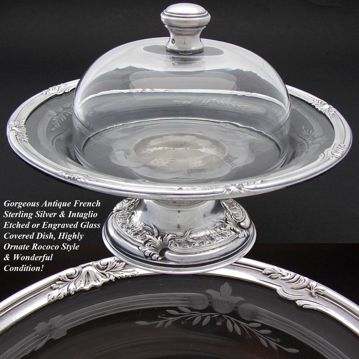 Gorgeous Antique French Sterling Silver & Intaglio Engraved Glass Covered Plateau, Serving or Cheese Dish