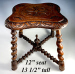 Superb Kitchen Bench or Stool, Chip Carved and Barley Twist in Oak, Chair, Footstool