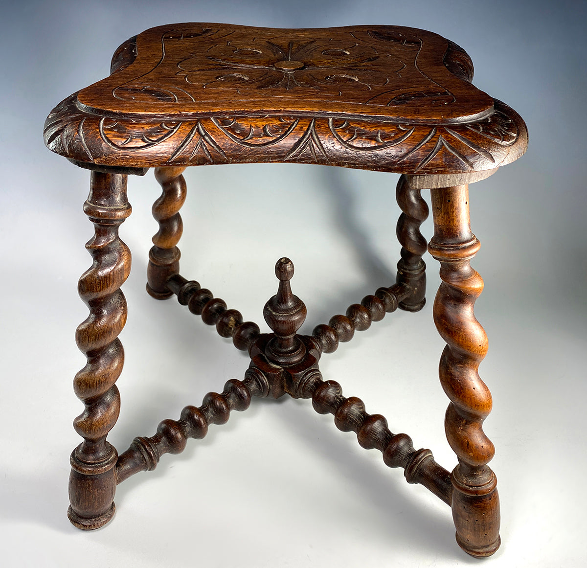 Superb Kitchen Bench or Stool, Chip Carved and Barley Twist in Oak, Chair, Footstool