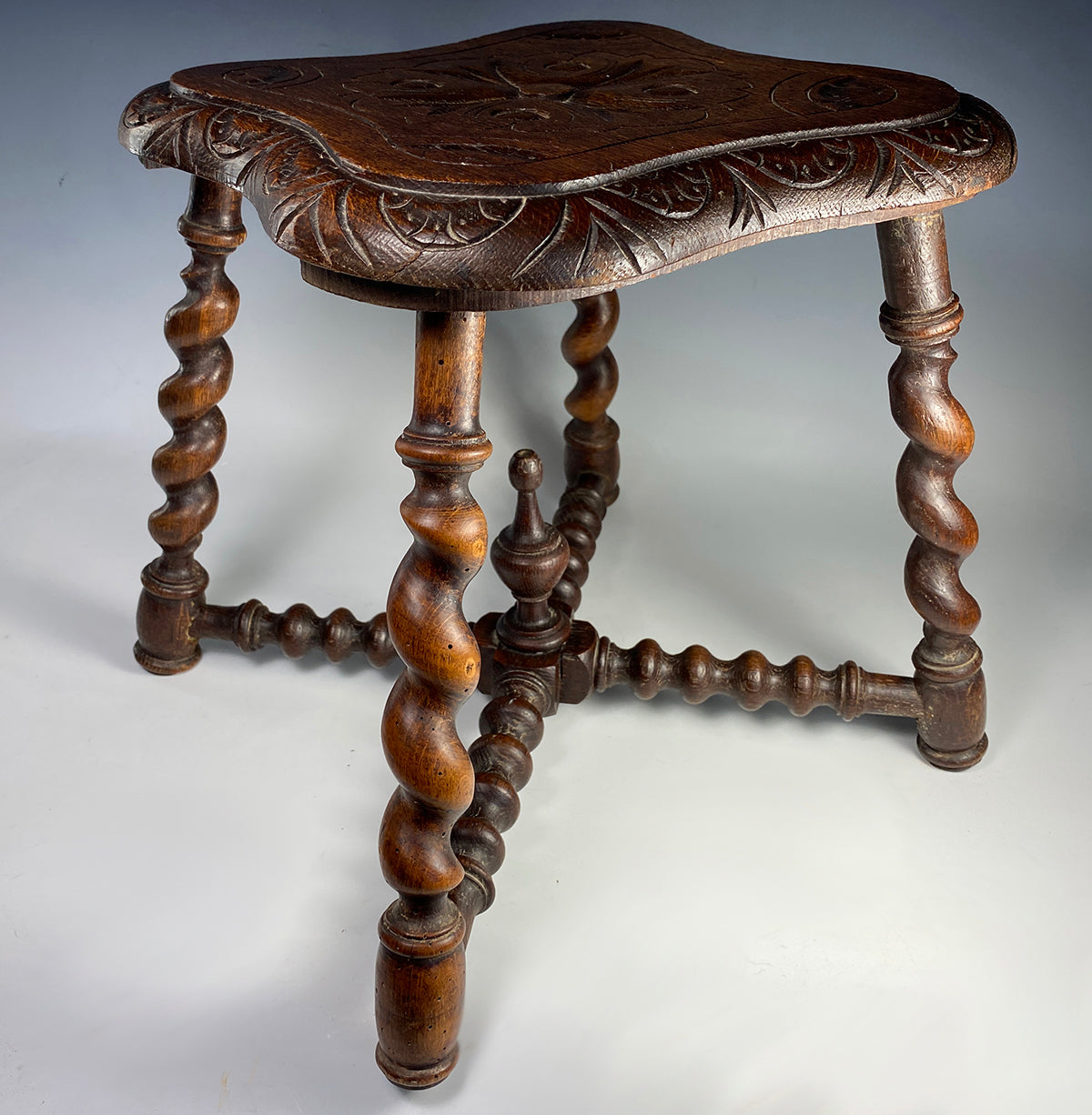 Superb Kitchen Bench or Stool, Chip Carved and Barley Twist in Oak, Chair, Footstool