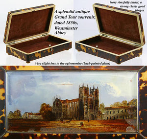 RARE Antique Grand Tour Eglomise Jewelry Box, Casket, Tortoise Shell, Westminster Abbey - Tortoiseshell