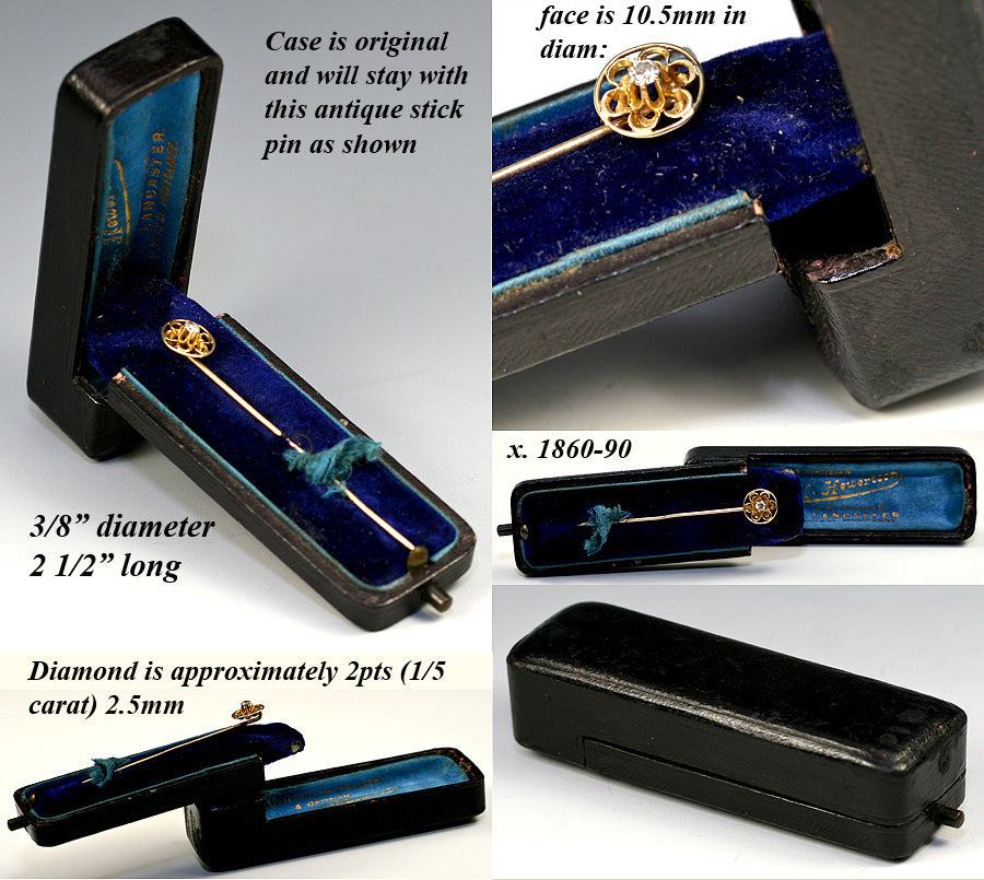 Antique Victorian Era Mourning Stick Pin, 14k Gold, Diamond, in Original Presentation Box