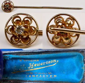Antique Victorian Era Mourning Stick Pin, 14k Gold, Diamond, in Original Presentation Box