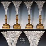 Large Pair Antique French Bronze Epergne Stands with Original Glass Vases, Caryatid Figures Neoclassical