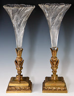 Large Pair Antique French Bronze Epergne Stands with Original Glass Vases, Caryatid Figures Neoclassical
