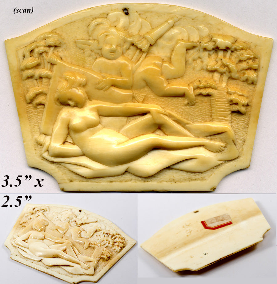 Antique French Hand Carved Dieppe Ivory Plaque, Possibly Purse Side, Psyche and Cupid Figural